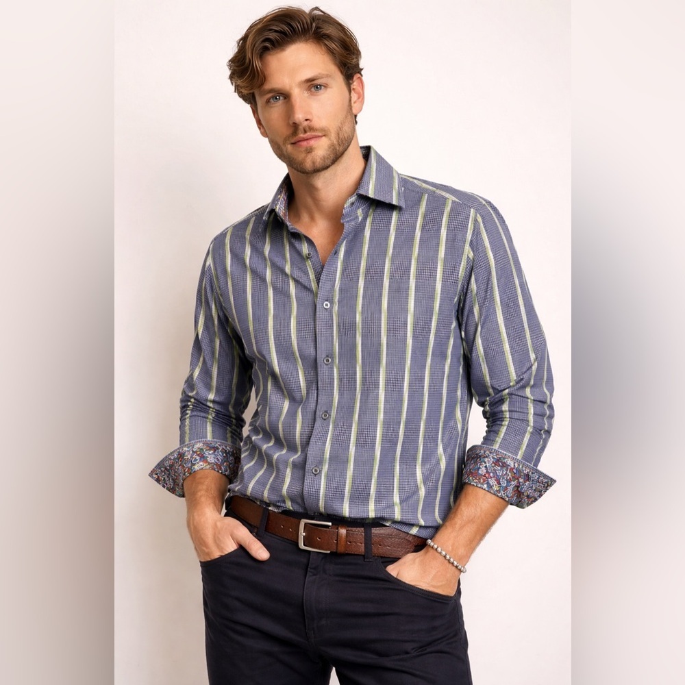 Robert Graham Striped Button Down Shirt Medium Blue Green Cotton